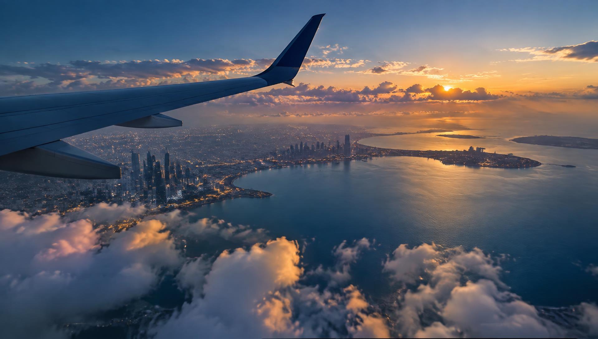 Plane wing above the Abu Dhabi coastline at sunset